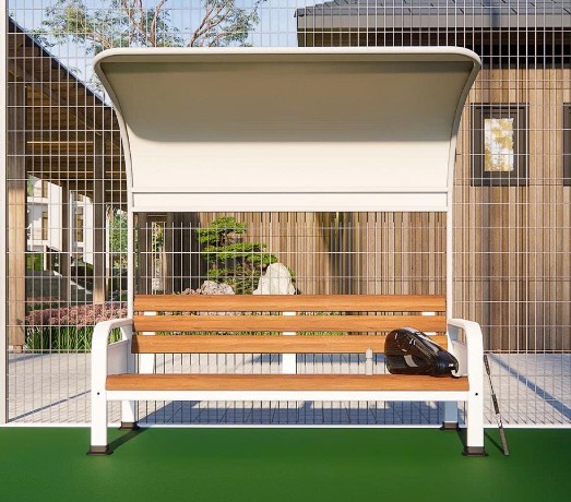 Băng ghế ngồi sân  pickleball có mái che đơn  được lợp bằng bạt